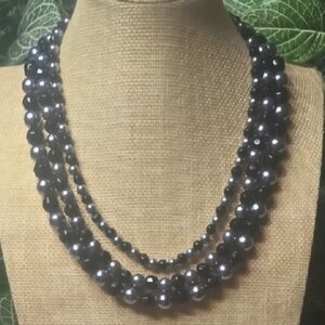 Premier Designs Black Acrylic Beads & Silver Faux Pearl Multistrand Necklace